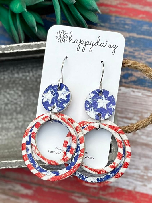 Patriotic Stars and Stripes Cork on Leather Hoop Earrings