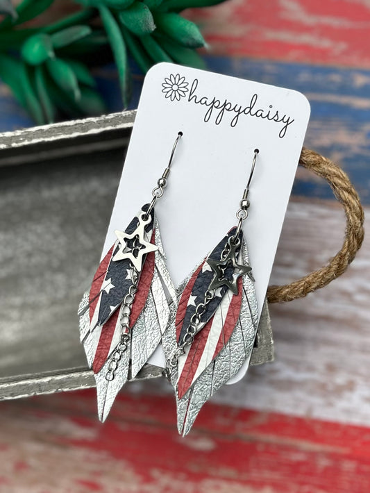 Patriotic Stars and Stripes "Gladys" Style Fringe Leaf 3.5" Layered Leather Earrings