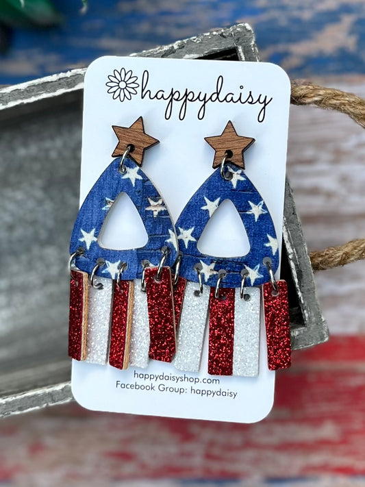 Patriotic Stars and Stripes Cork & Glitter on Leather Earrings