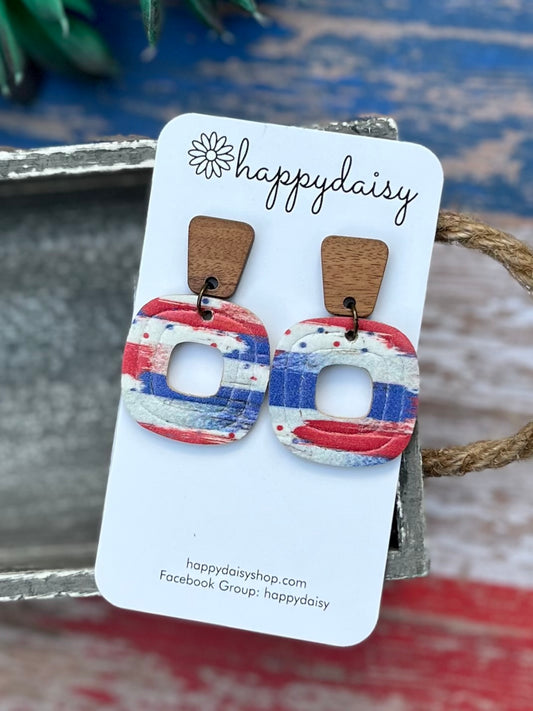 Patriotic Red White Blue Embossed Cork on Leather Rounded Square Earrings with Wood Stud Posts