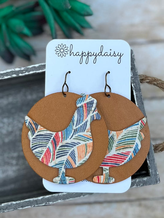 Chicken Earrings in a Colorful Feather Print Cork on Leather