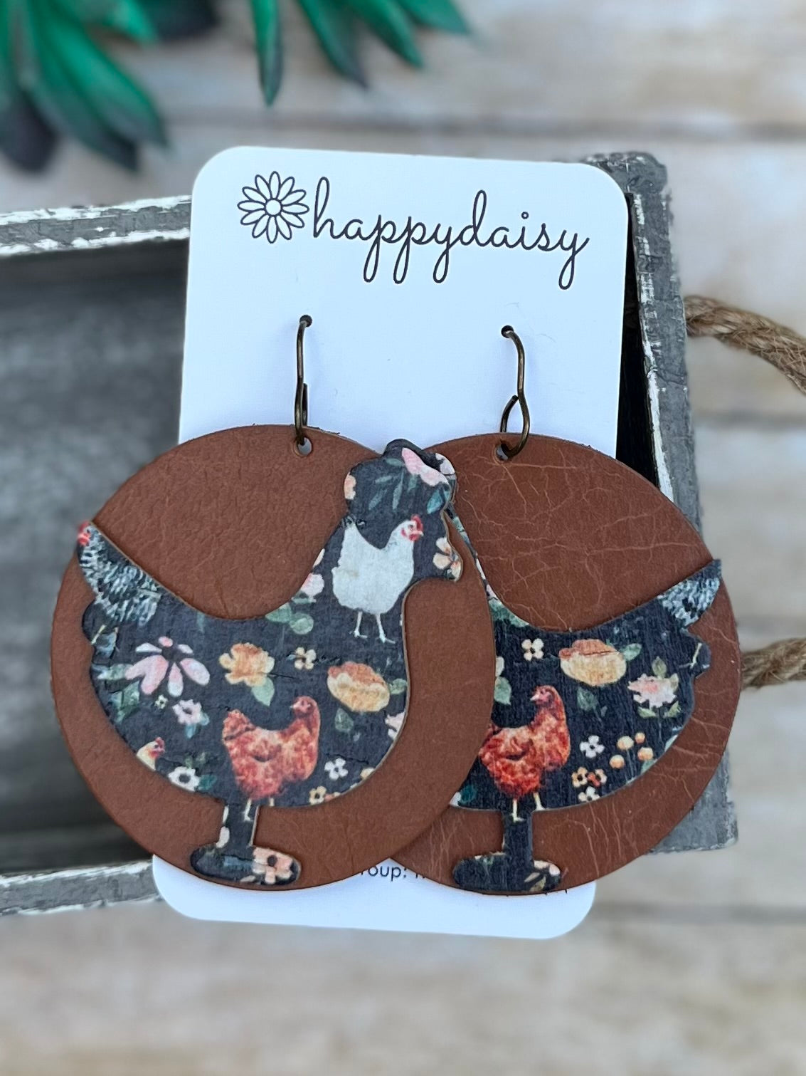 Chicken Earrings in a Chicken Floral Print Cork on Leather