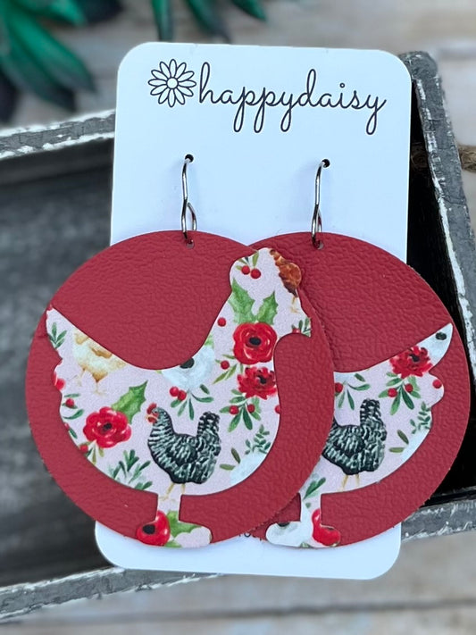 Chicken Earrings in a Pink Chicken and Floral Print Vinyl and Faux Leather