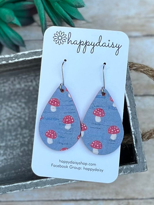 Little Toadstools Mushroom Print 2" Cork on Leather Teardrop Earrings