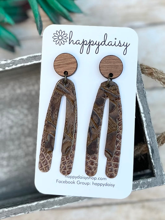 Boho Arch Earrings in Embossed Brown Leathers