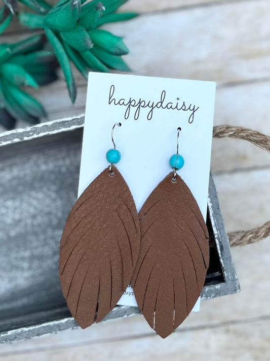 Brown Fringed Leaf Feather Leather Earrings