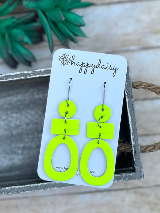 Neon Yellow Cork on Leather Earrings