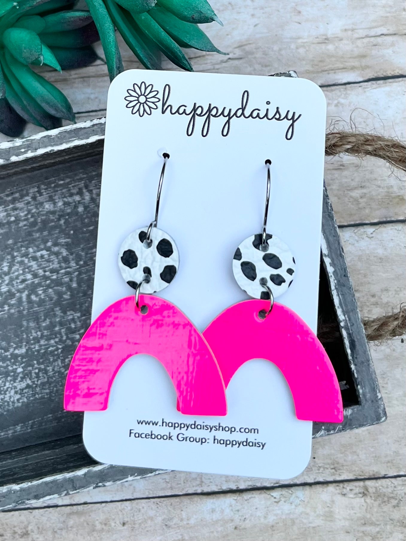 Neon Pink Cork on Leather Arch Earrings