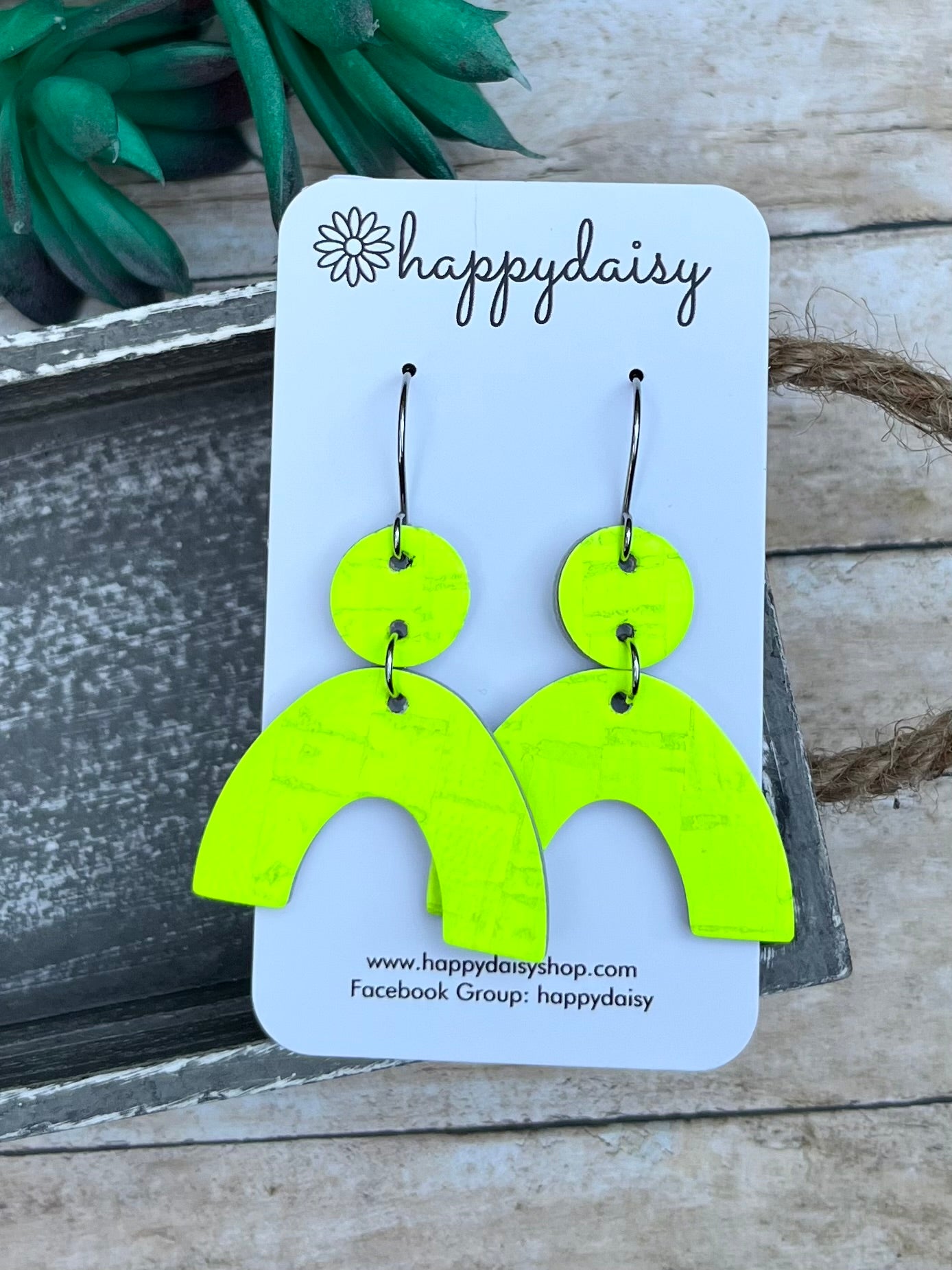 Neon Yellow Cork on Leather Arch Earrings