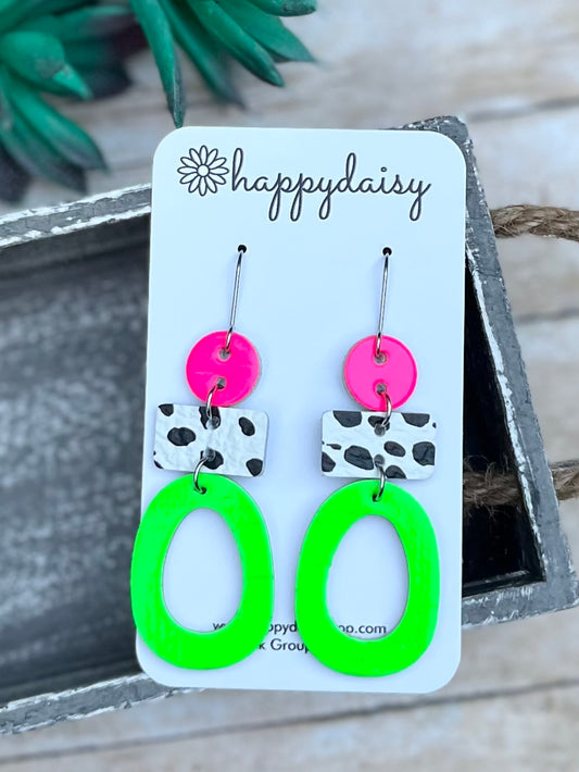 Neon Green and Pink Cork on Leather Earrings