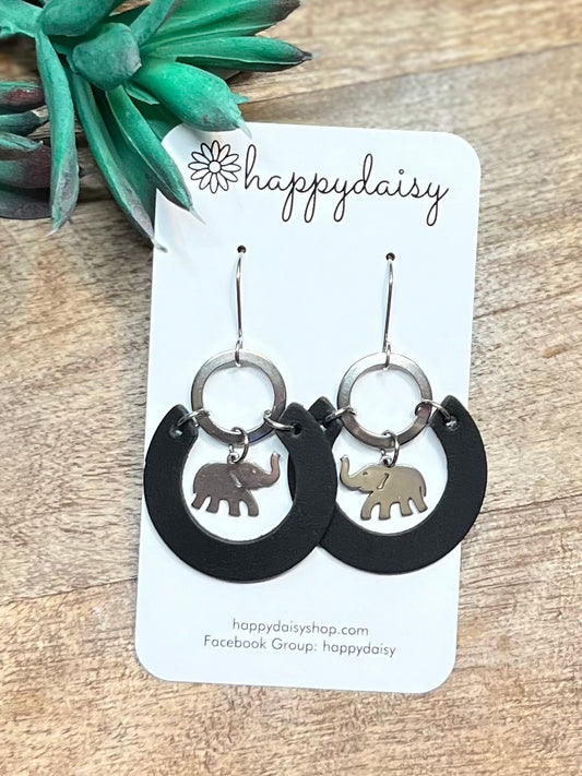 Elephant Charm on Black Leather and Metal Open Circle Earrings