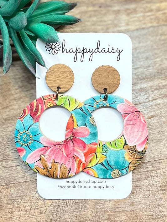 Flower Garden Large "Mandy" Cork on Leather Earrings in Orange, Turquoise, Red, and Brown