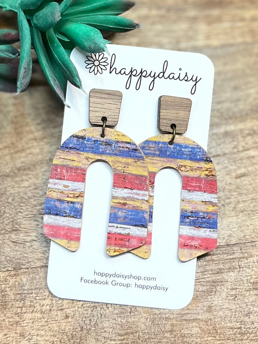 Summer Stripes Cork on Leather Arch Earrings