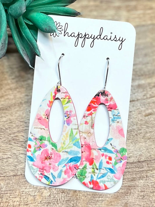 Pink Floral "Jessie" Cork on Leather Earrings