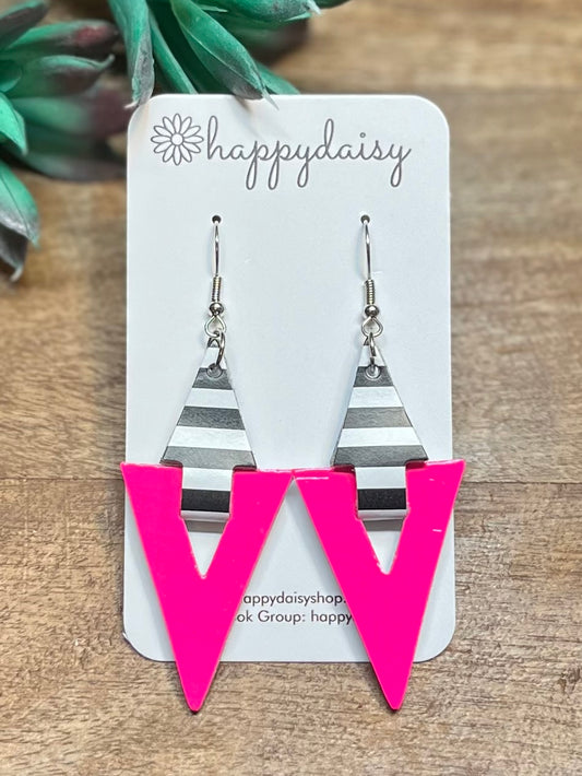 Neon Pink Cork on Leather Triangular Geometric Earrings