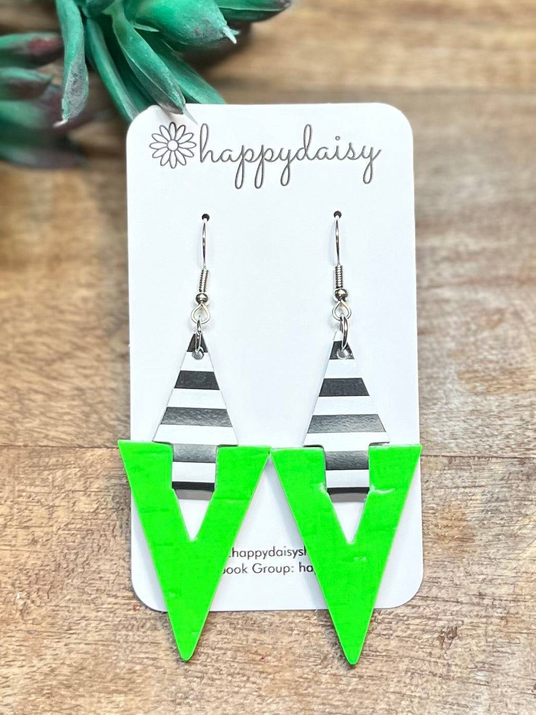 Neon Green Cork on Leather Triangular Geometric Earrings