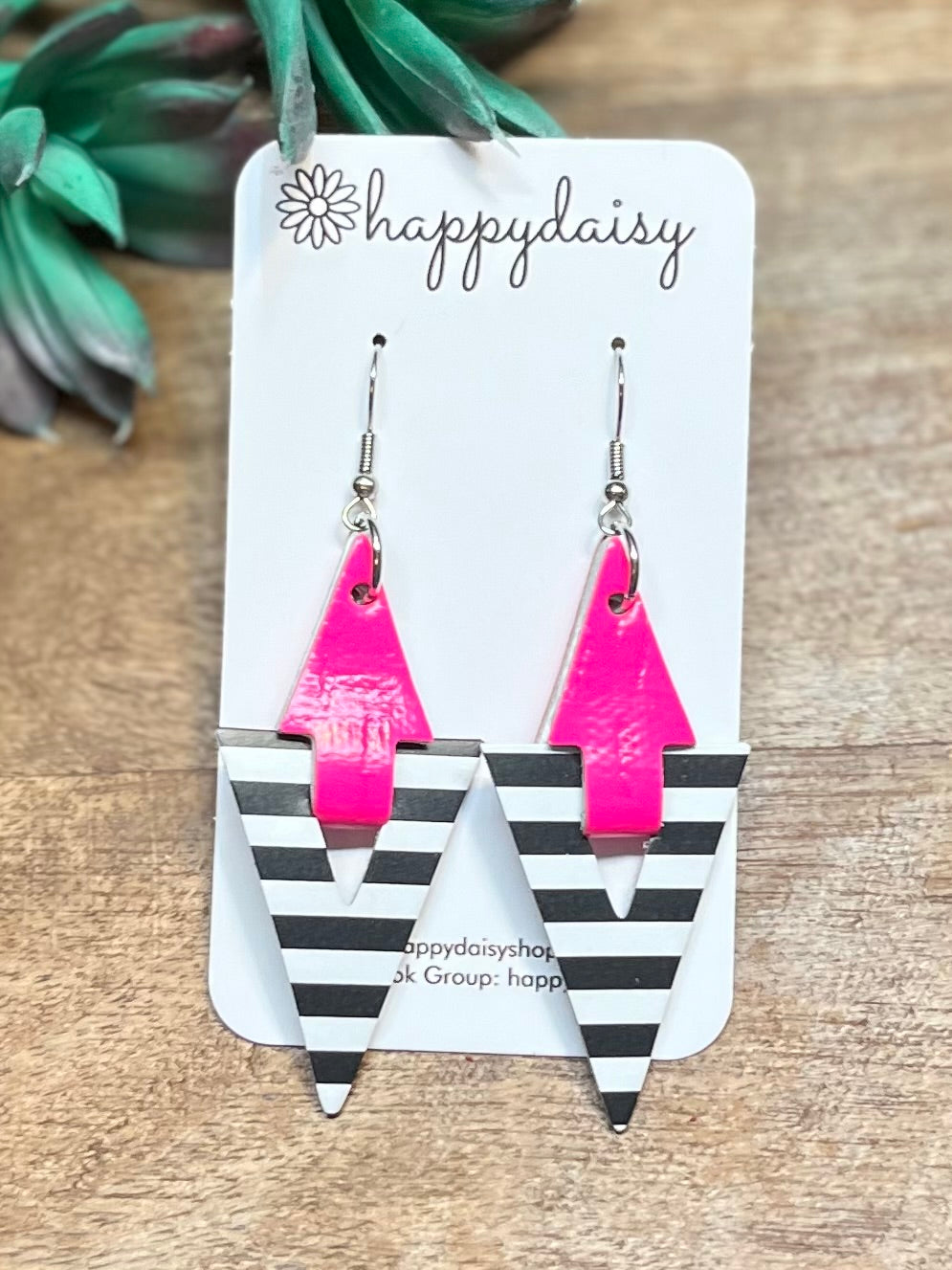 Neon Pink and Black and White Leather Triangular Geometric Earrings