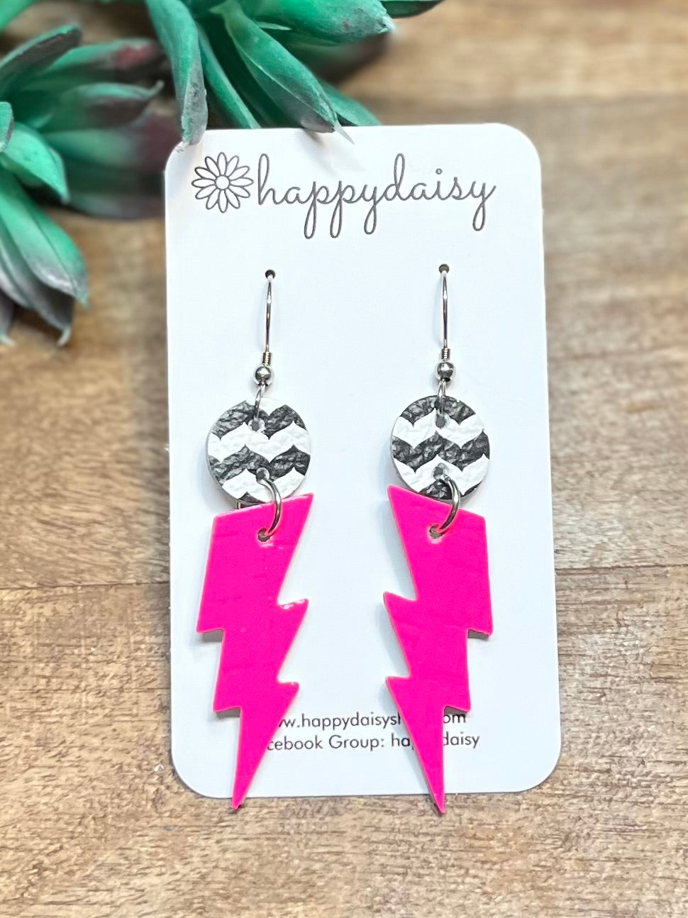 Lightning Bolt Earrings in Neon Pink Cork on Leather with Black and White