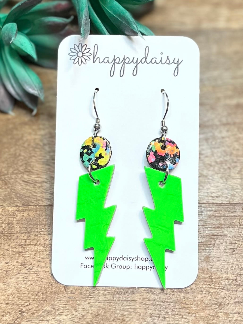 Lightning Bolt Earrings in Neon Green and Paint Splatter Cork on Leather