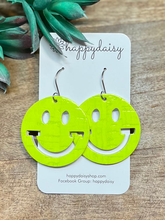 Neon Yellow Cork on Leather Happy Face Earrings