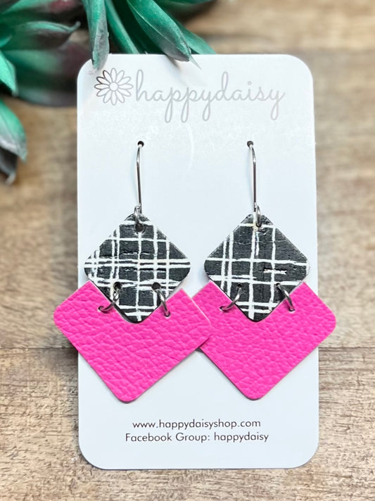 Neon Pink, Black, and White Leather Earrings