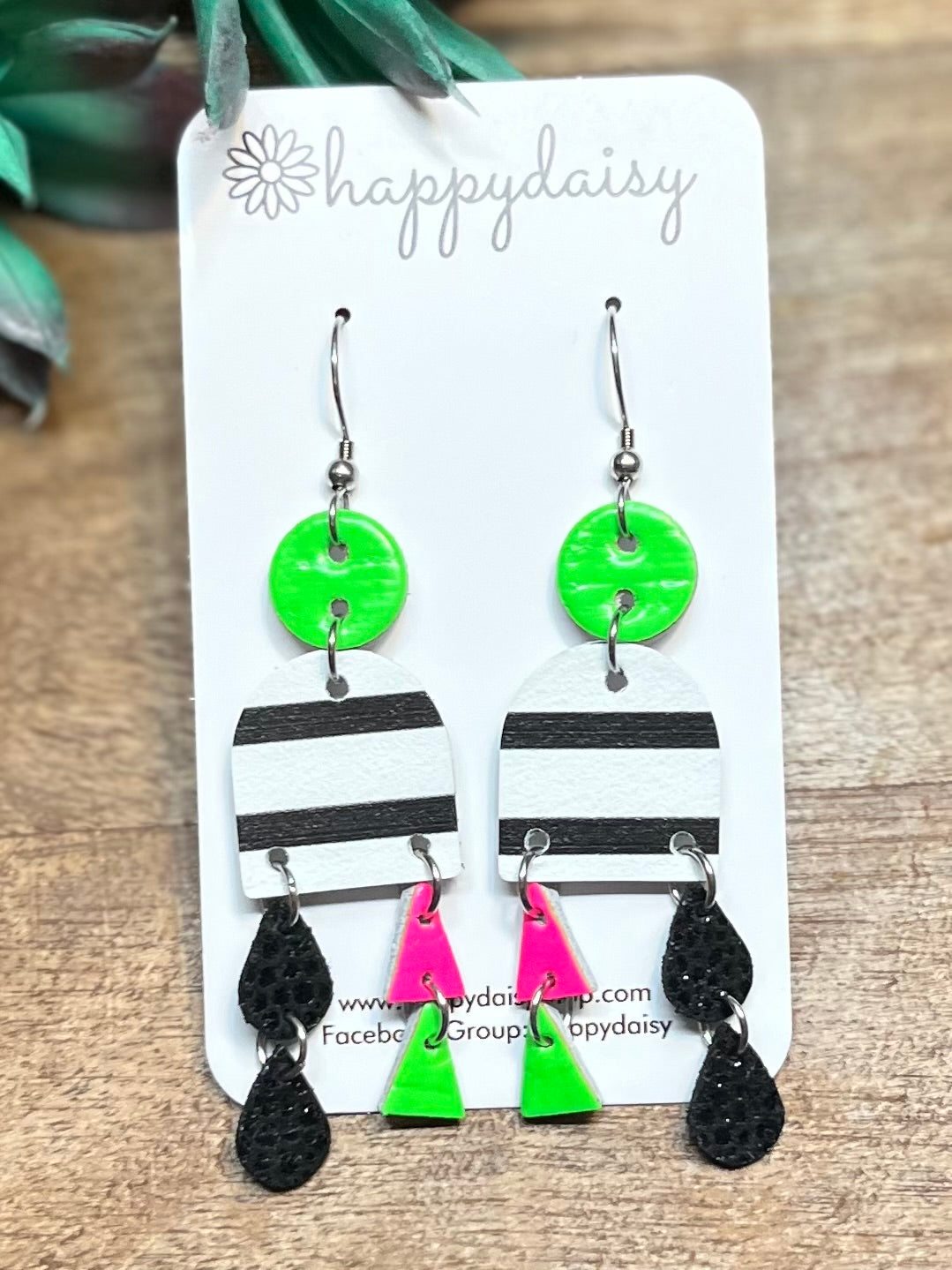 Neon Green Pink Black and White Leather Dangle Earrings