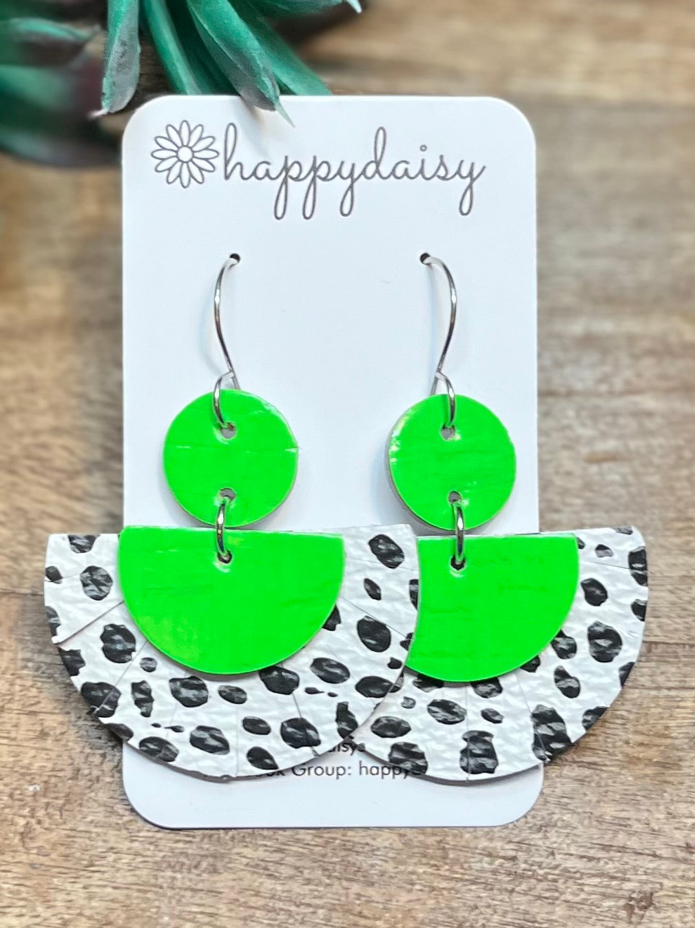 Neon Green Cork on Leather and Black and White Leather Earrings