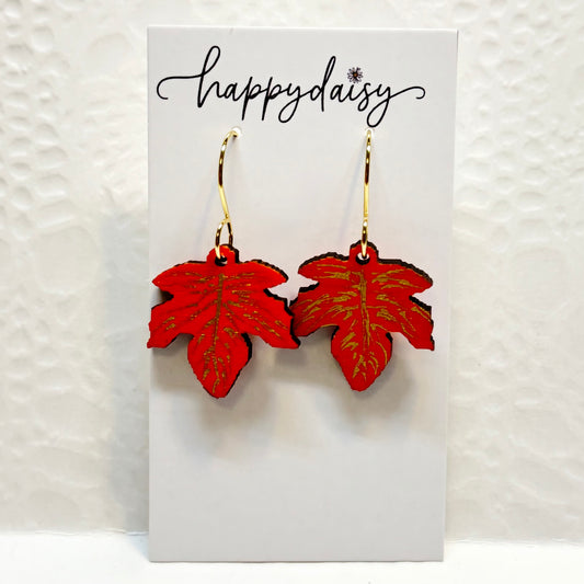 Fall Leaf Orange Wooden Earrings