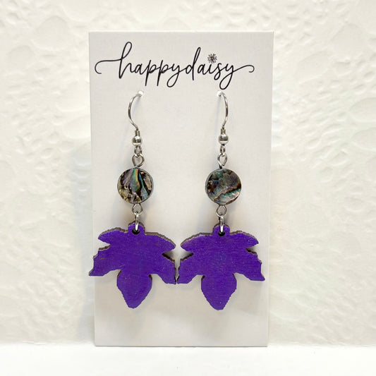 Fall Leaf Purple Wooden Earrings with Shell Bead Accents