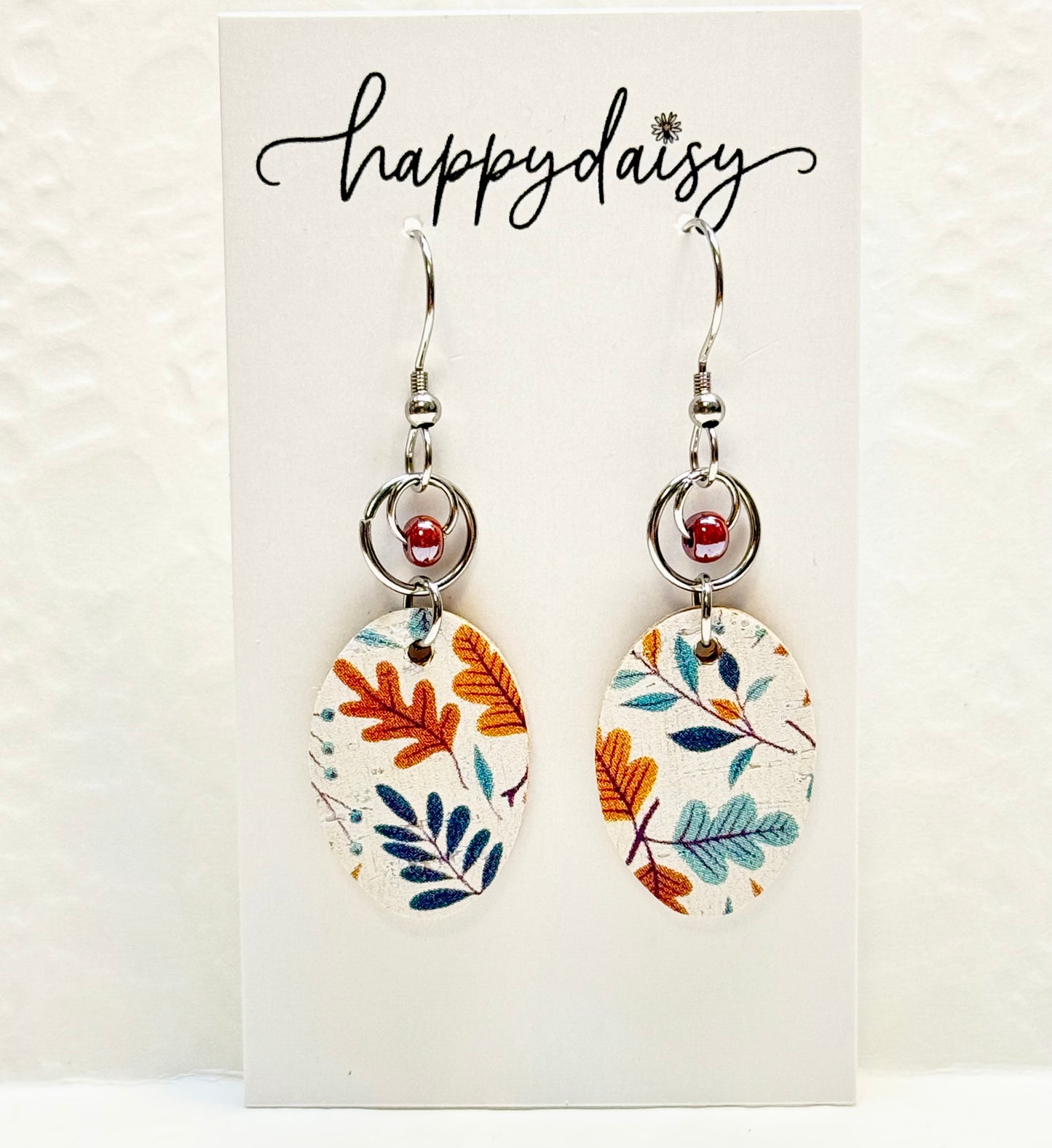 Fall Leaf Print Orange Brown Turquoise Cork on Leather Earrings