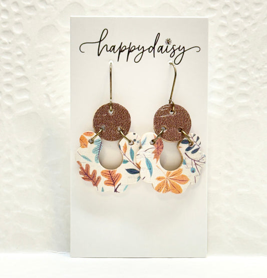 Fall Leaf Print Orange Brown Scalloped Cork on Leather Earrings