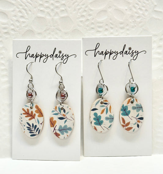Fall Leaf Print Orange Brown Turquoise Cork on Leather Earrings