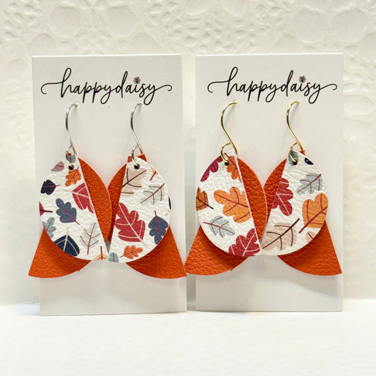 Fall Leaf Print Orange Red Leather Earrings