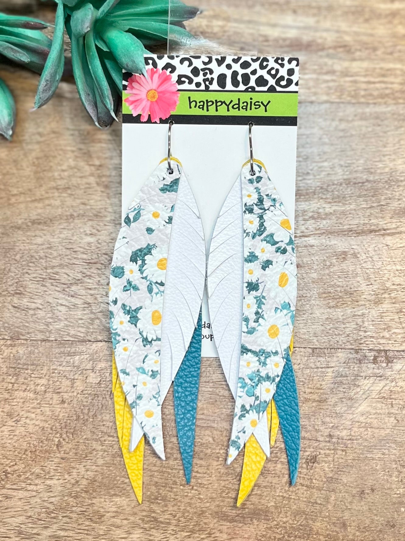 Daisy Teal Yellow White Layered Fringed Feathers 4.5" Leather Earrings