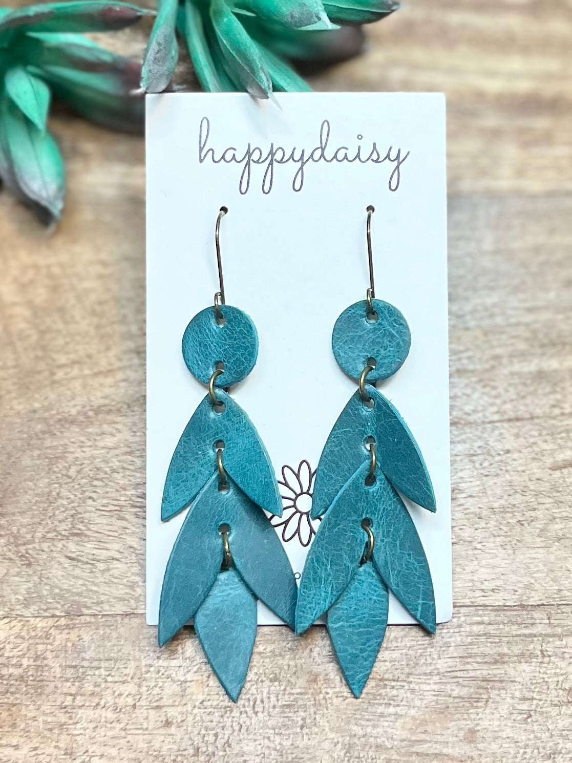 Teal Cascading Leaves Leather Earrings