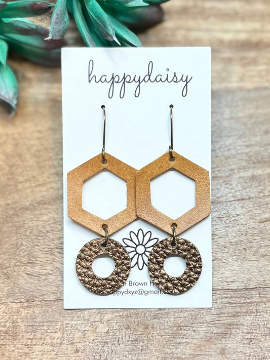 Brown Open Hexagon Leather Earrings