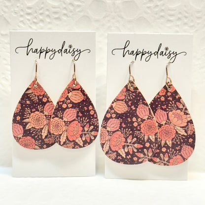 Fall Floral Print Cork on Leather Teardrop Earrings