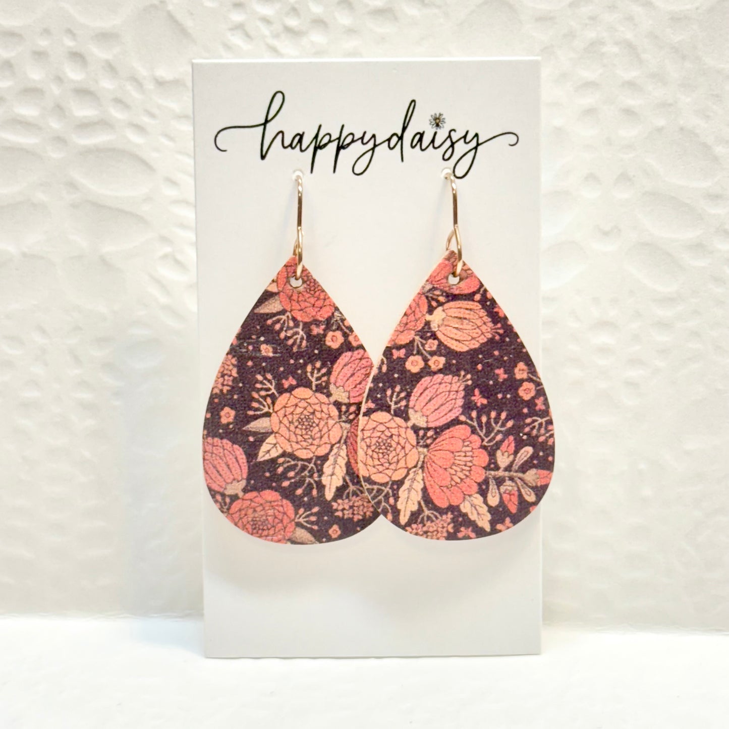 Fall Floral Print Cork on Leather Teardrop Earrings