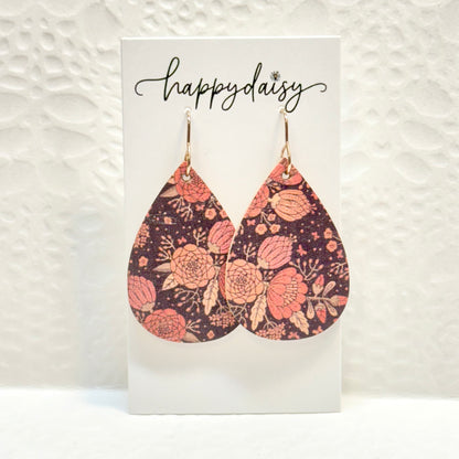 Fall Floral Print Cork on Leather Teardrop Earrings