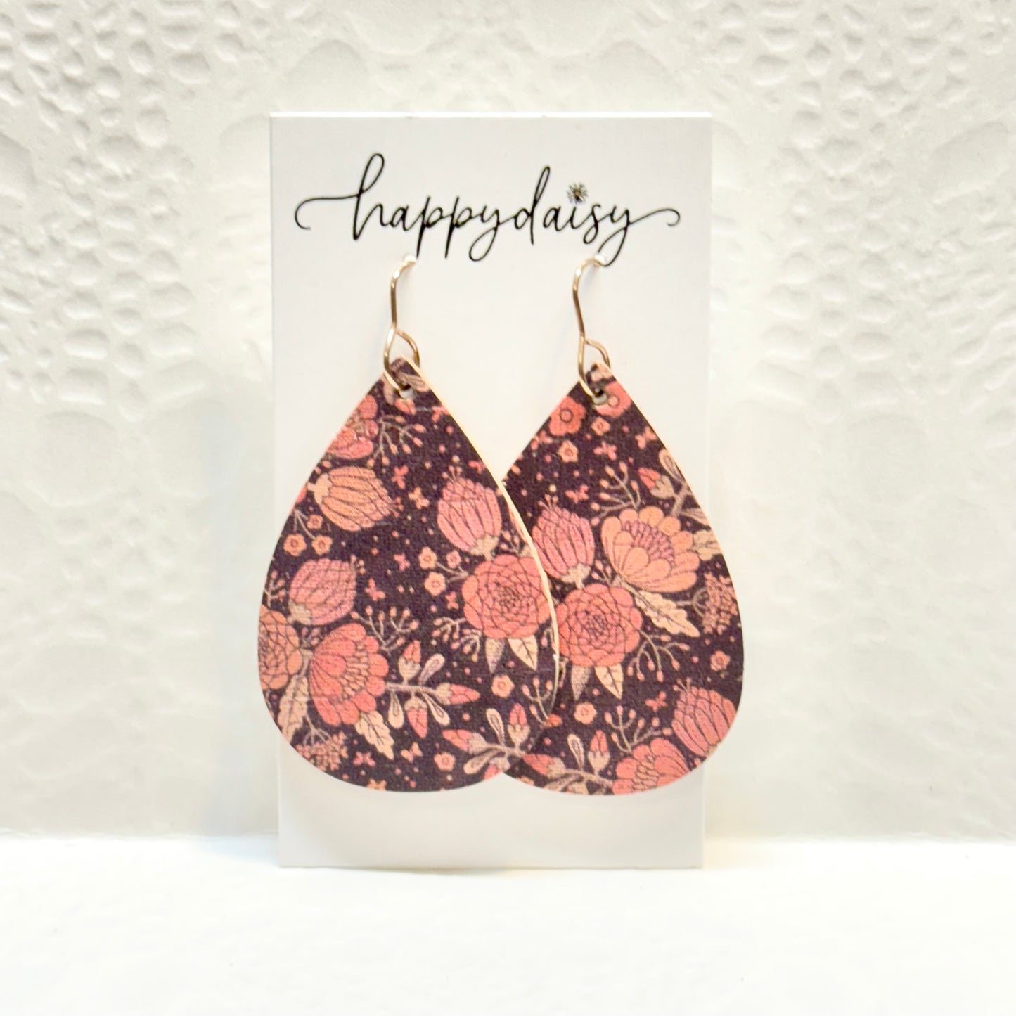 Fall Floral Print Cork on Leather Teardrop Earrings