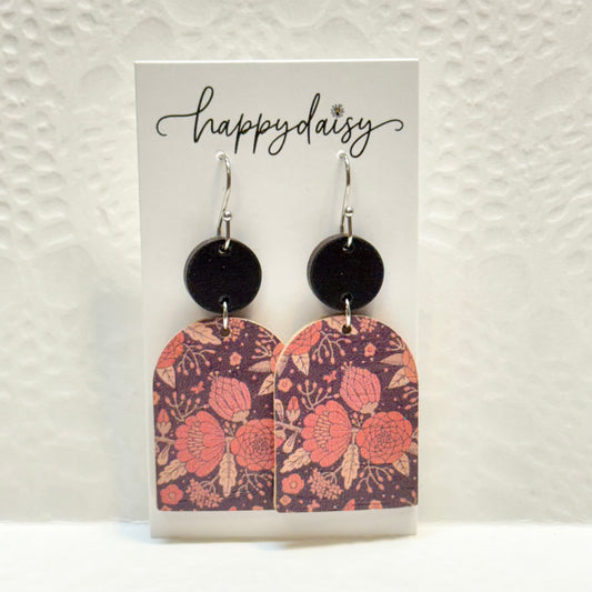 Fall Floral Print Cork on Leather Earrings