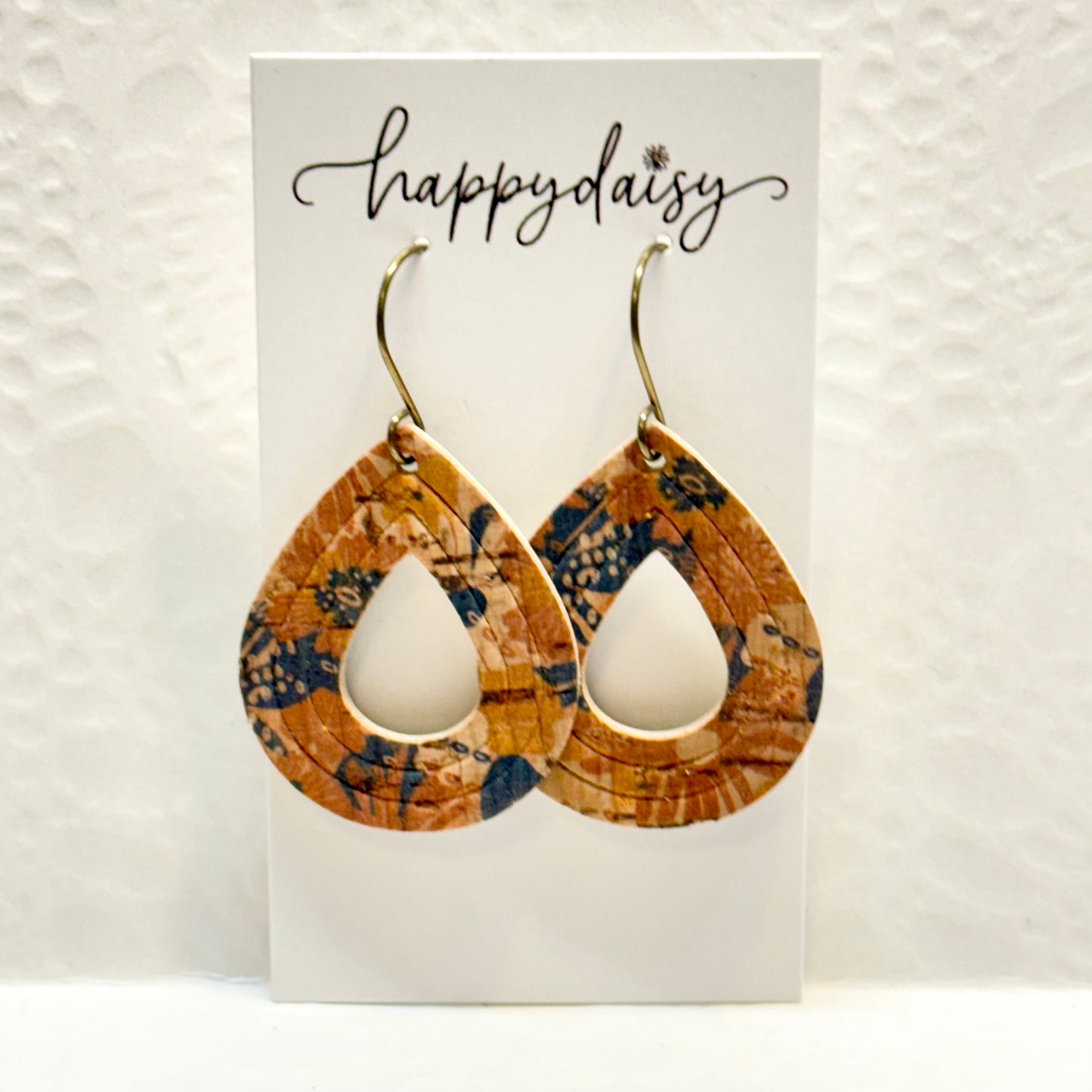 Fall Floral Print Brown Tan Navy Cork on Leather Embossed Teardrop Earrings