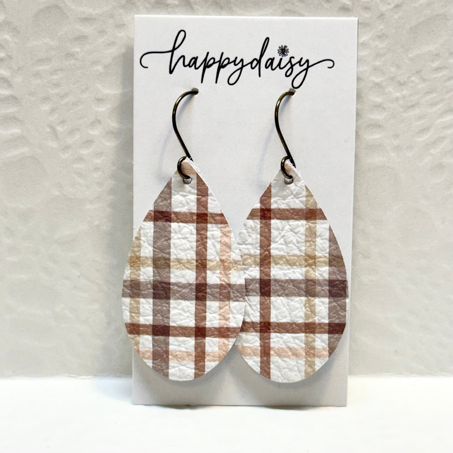 Fall Plaid Print Brown Taupe Tan Leather Teardrop Earrings