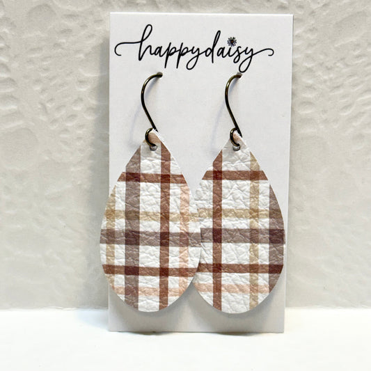 Fall Plaid Print Brown Taupe Tan Leather Teardrop Earrings