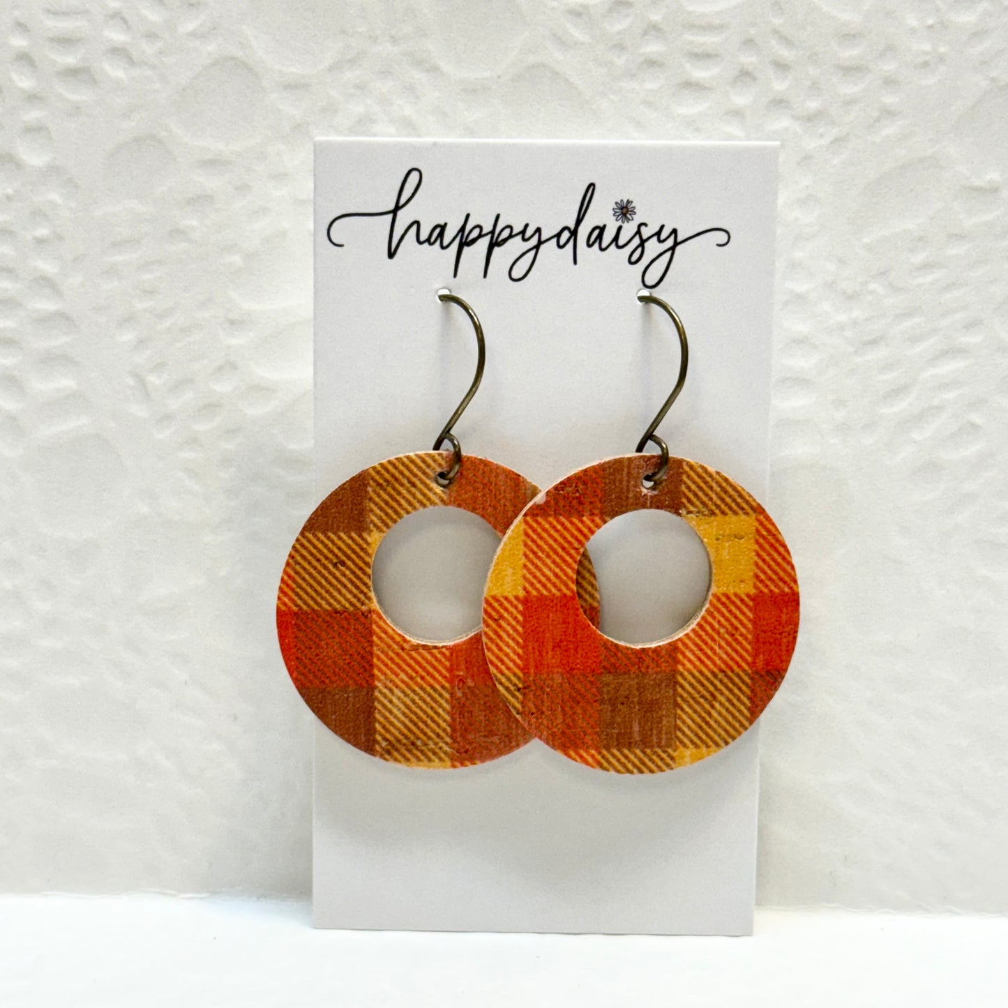 Fall Plaid Orange Yellow Brown Cork on Leather "Mandy" Earrings