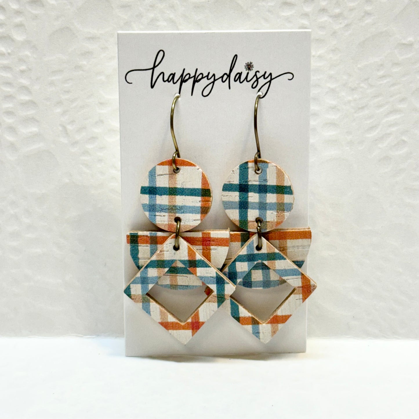 Fall Plaid Orange Turquoise Geometric Cork on Leather Earrings