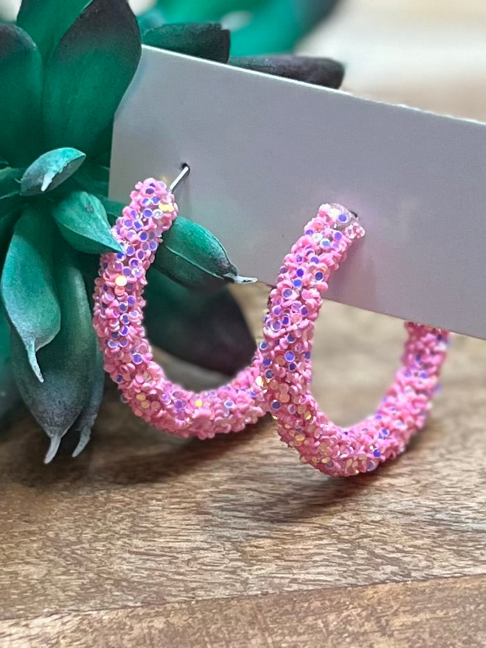 Pink Glitter Hoop Earrings