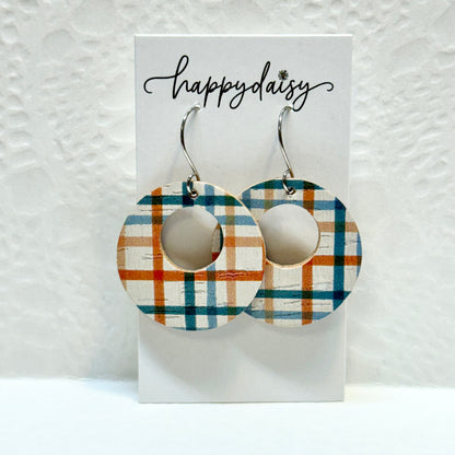 Fall Plaid Orange Turquoise Cork on Leather "Mandy" Earrings