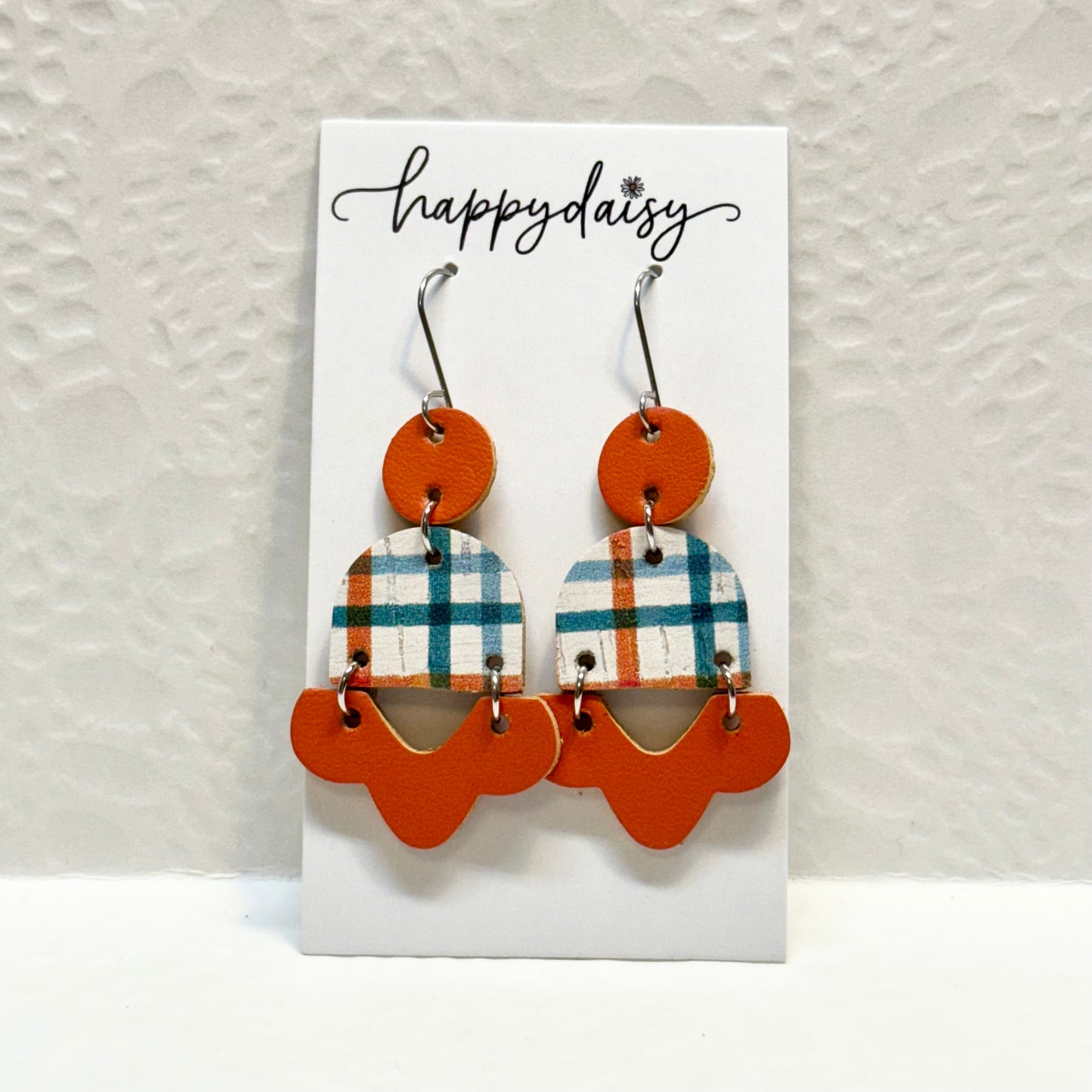Fall Plaid Orange Turquoise Cork on Leather and Baby Chopper Earrings
