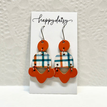 Fall Plaid Orange Turquoise Cork on Leather and Baby Chopper Earrings